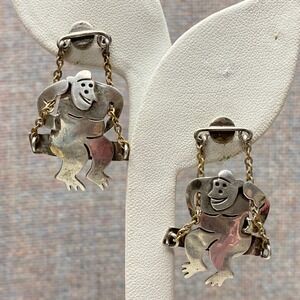Vintage 925 Mexico Silver Whimsical Monkey Earrings Novelty Swinging Old Money